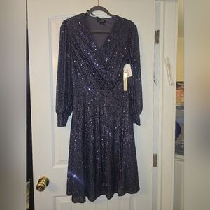 Tahari Womens Sequined Surplice Dress, Blue, NWT